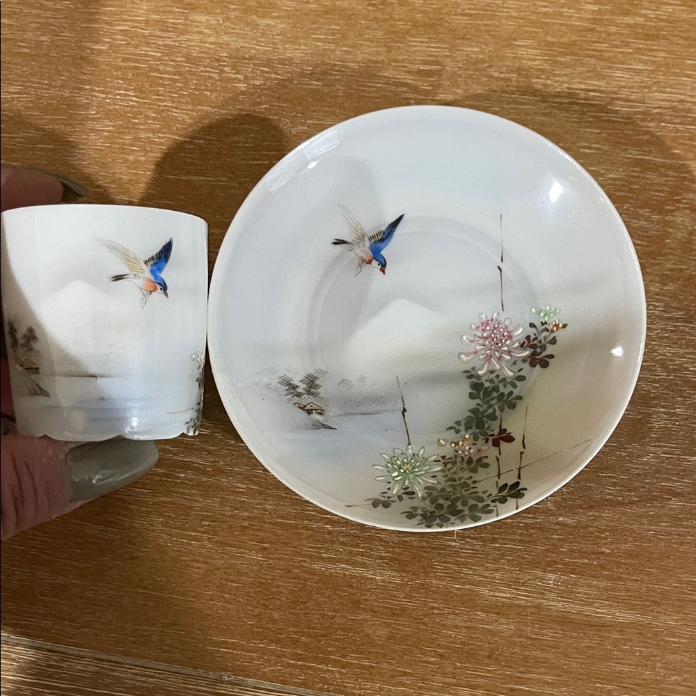 Vintage Hand-Painted Porcelain Tea Cup and Saucer with Bird Motif - White